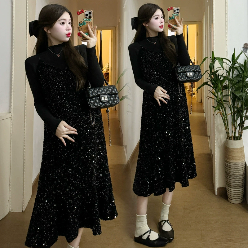 В наличии, одежда для беременных, новое осенне-зимнее платье-бретелька, трикотажная базовая рубашка, платье для беременных, комплект из двух предметов 8885.