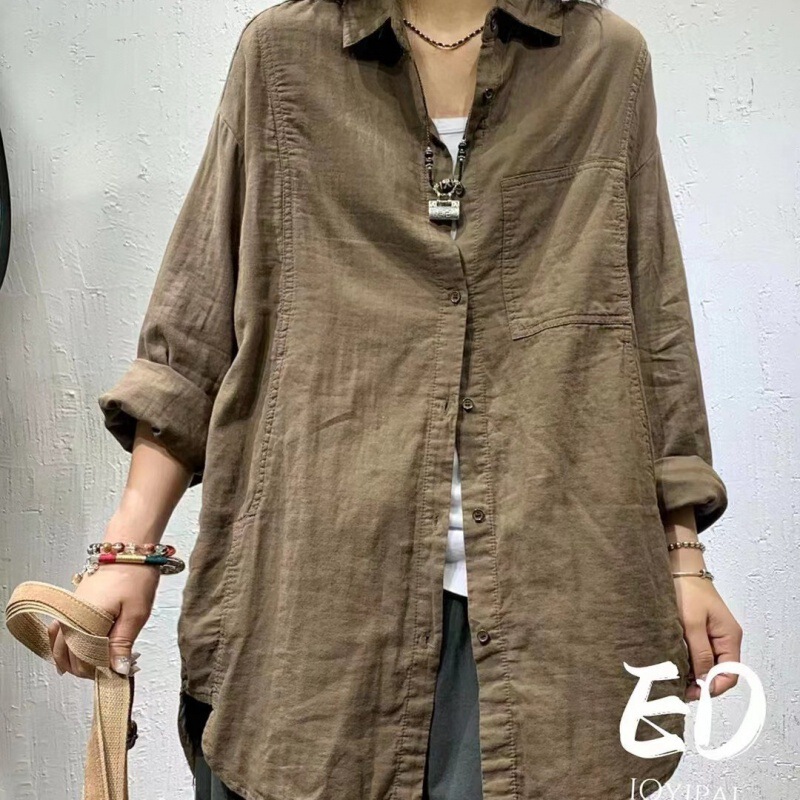 Ed3719 Cotton and Linen Large Edition Loose Retro Shirt 2024 Spring New Casual plus size Long Shirt Women's Wear Ed3719 Cotton and Linen Large Edition Loose Retro Shirt 2024 Spring New Casual plus size Long Shirt Women's Wear