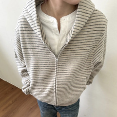 条纹绒感开衫连帽卫衣男女2025春秋季美式宽松情侣boxy拉链外套