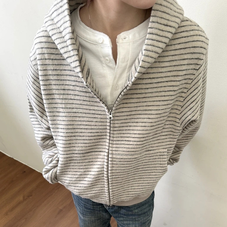 Striped Velvet Cardigan Hooded Sweatshirt for Men and Women 2025 Spring and Autum American Loose Couple Boxy Zipper Jacket