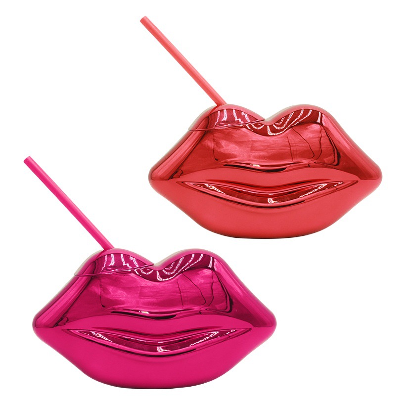 Disco en forma de labio espejo de flash chapado de plástico creativo Festival en forma de taza de paja retro taza de bebida