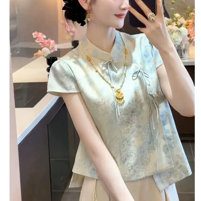 2025 новый стиль новый китайский стиль атласный жаккардовый топ с коротким рукавом для женщин и других