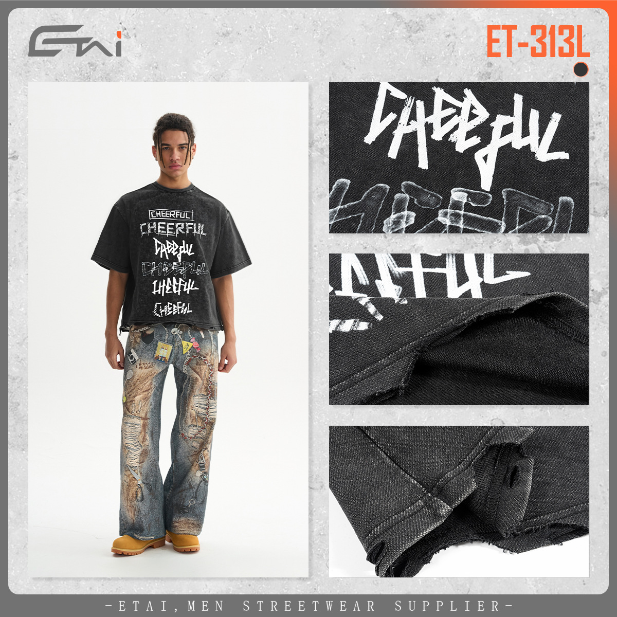 ETAI Hombre| Marca de marea retro de la calle de marea hombre impresión corta camiseta ancha de alta calidad lavado con agua pesada algodón de manga corta image 3
