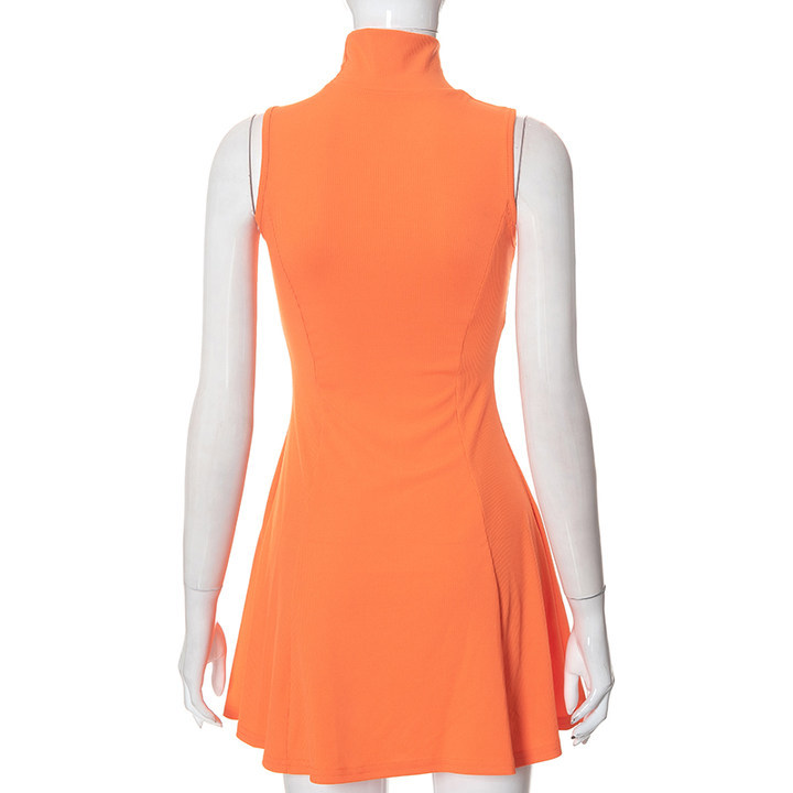 Fashion Solid Color High Neck Sleeveless Patchwork Spandex Polyester Above Knee Princess Dress