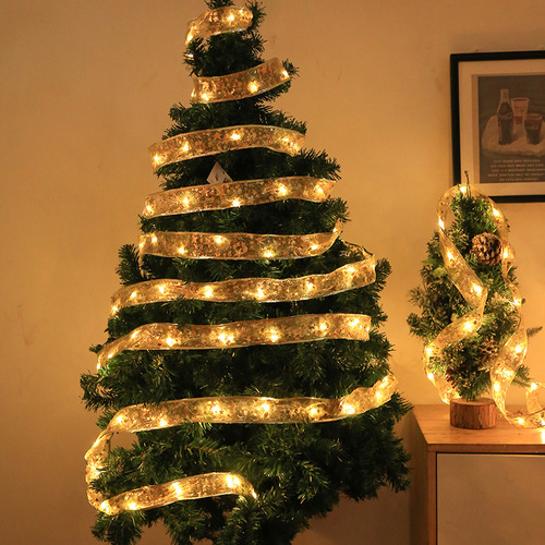 2024新品圣诞树装饰丝带led灯串彩灯带节日礼盒蝴蝶结绸缎铜线灯