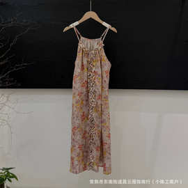中长款亚麻连衣裙女2026夏季新款文艺简约秋叶印花无袖宽松长裙子