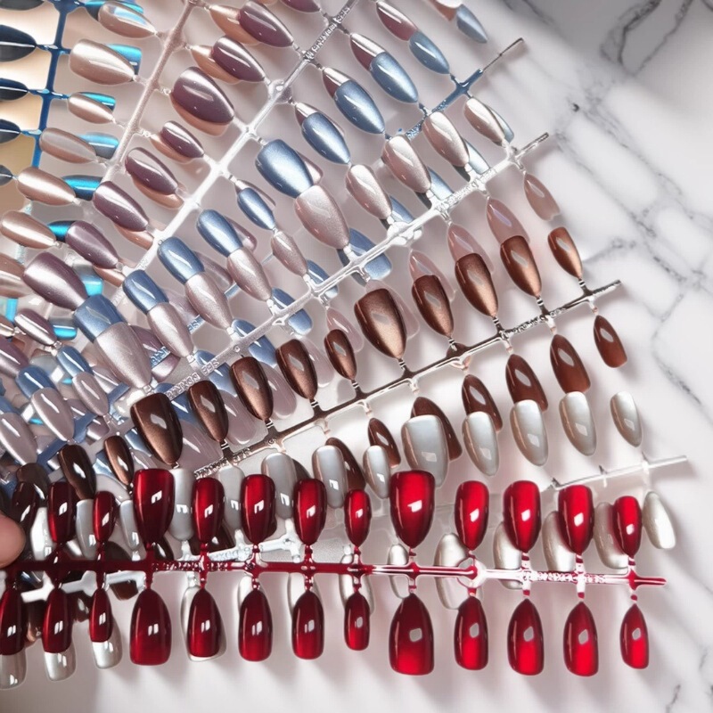 Popular Cat-Eye Wearable Almond Nails Autumn and Winter High-End Red Handmade Wearable Nail Art Nail Stickers Export D-Made