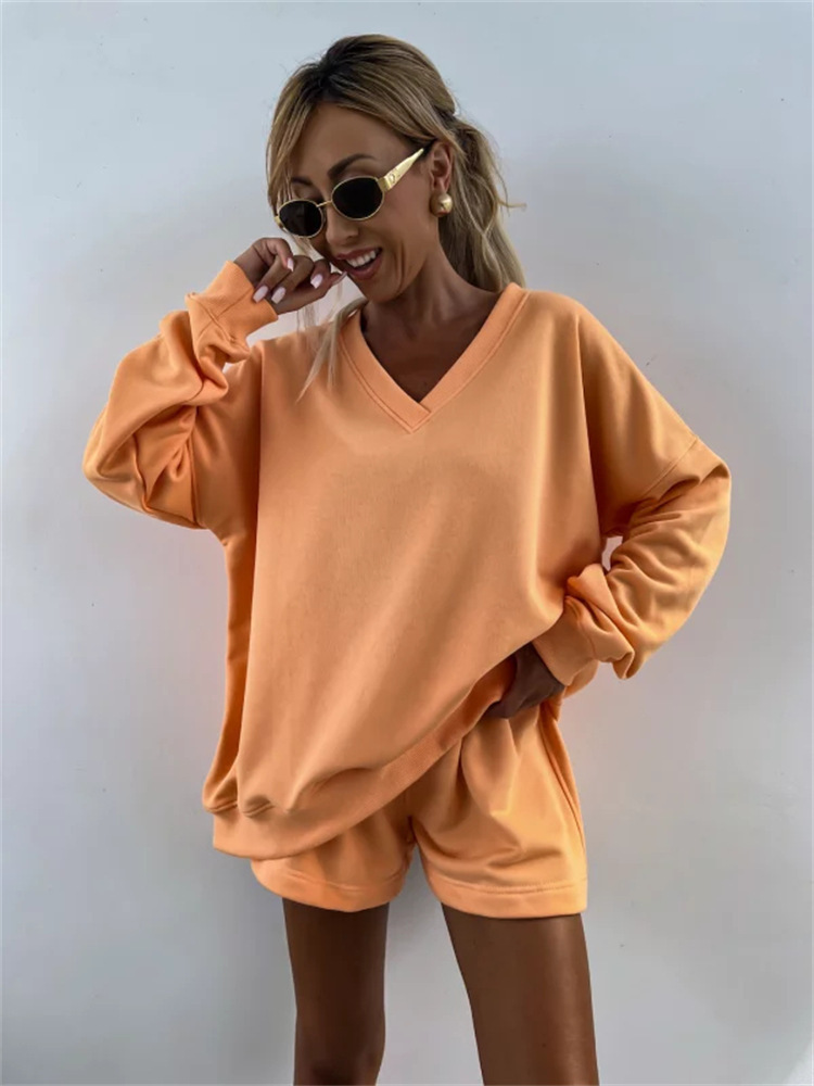 Casual Striped Suit For Women V-neck Long-sleeved Loose Top Paired With Shorts In The Same Color Ladies Spring Summer 2piece Set_voghion.com
