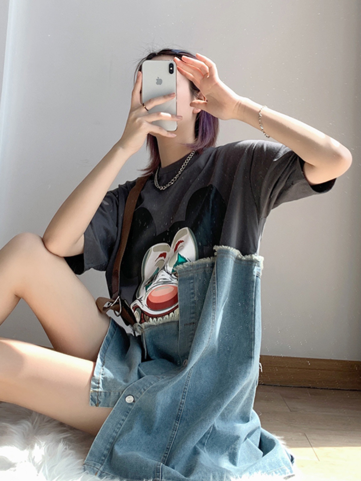 Retro denim cotton summer short sleeve T-shirt for leisure