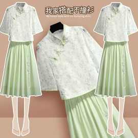 绿色汉服改良版连衣裙女装夏季2024新款新中式轻国风套装裙两件清