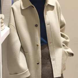 冬季韩国韩版ins风宽松双面呢手工短大衣手工阿尔巴卡外套