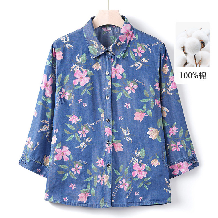 Middle-Aged and Elderly Women's Three-Quarter Sleeve Shirts, Collared Tops, Spring and Autumn Clothing for the Elderly, Mom's Printed Denim Shirts
