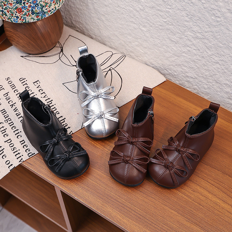 Bow-Knot Baby Girl Princess Boots, Sweet Kidsren's Short Boots, Fashionable Girls' Leather Boots, Soft-Soled Kidsren's Boots, Baby Single Boots