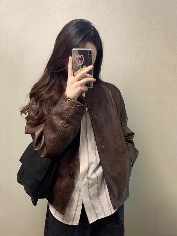 2025秋新款小个子韩系立领机车服夹克美拉德棕色短款皮衣外套女|undefined