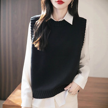 跨境2025早秋新款纯棉线圆领针织马甲纯色无袖宽松套头叠穿坎肩女