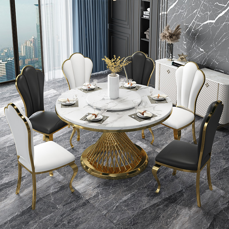 Light Luxury Stainless Steel Marble Dining Table with Turntable Modern Simple Round Dining Table and Chair Combination Dining Table for Household