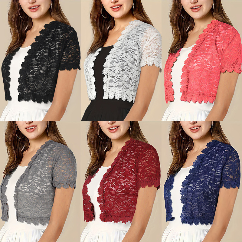 2025 Amazon Cross-border Foreign Trade Women's Short-sleeved Fashion Top Elegant Hollow Lace Banquet Knitted Cardigan