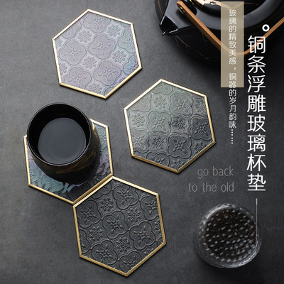 北欧风铜条金边浮雕玻璃杯垫咖啡杯碟垫盘创意桌面隔热垫装饰摆件