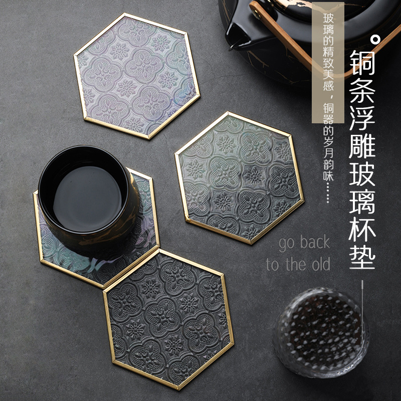 北欧风铜条金边浮雕玻璃杯垫咖啡杯碟垫盘创意桌面隔热垫装饰摆件