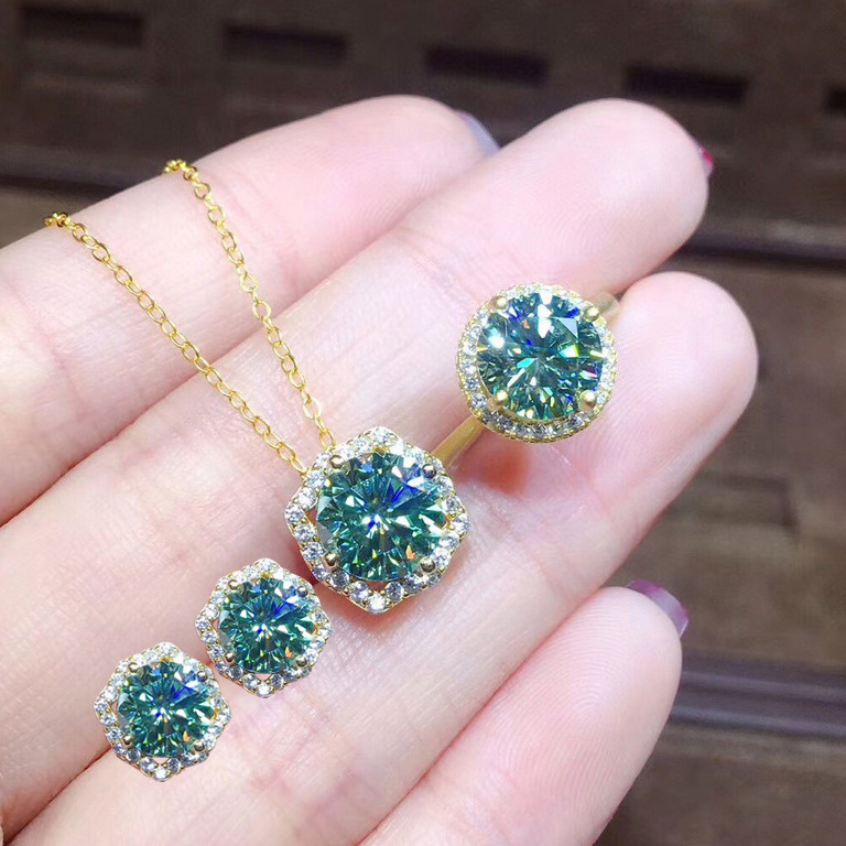 3 Carat Hearts And Arrows High Carbon Diamond Plated Imitation Blue-green Moissan Diamond Pendant Ring Earrings display picture 1