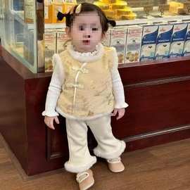 女童秋冬中风夹棉马甲洋气阔腿裤幼儿女宝宝周岁礼服唐装拜年服