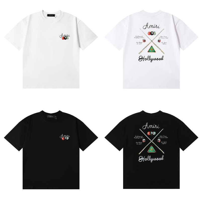 2024 New Product Amiri Amiri Billiards and Snooker Printed High Weight Double Yarn Pure Cotton Casual Short-Sleeved T-Shirt for Men