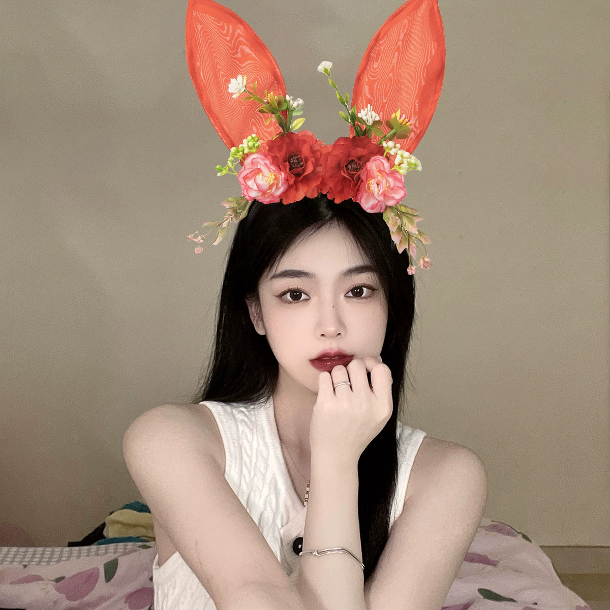 Headband Red Rabbit Lace Ears, Handmade Hair Accessory, High-Quality Graduation Party Style