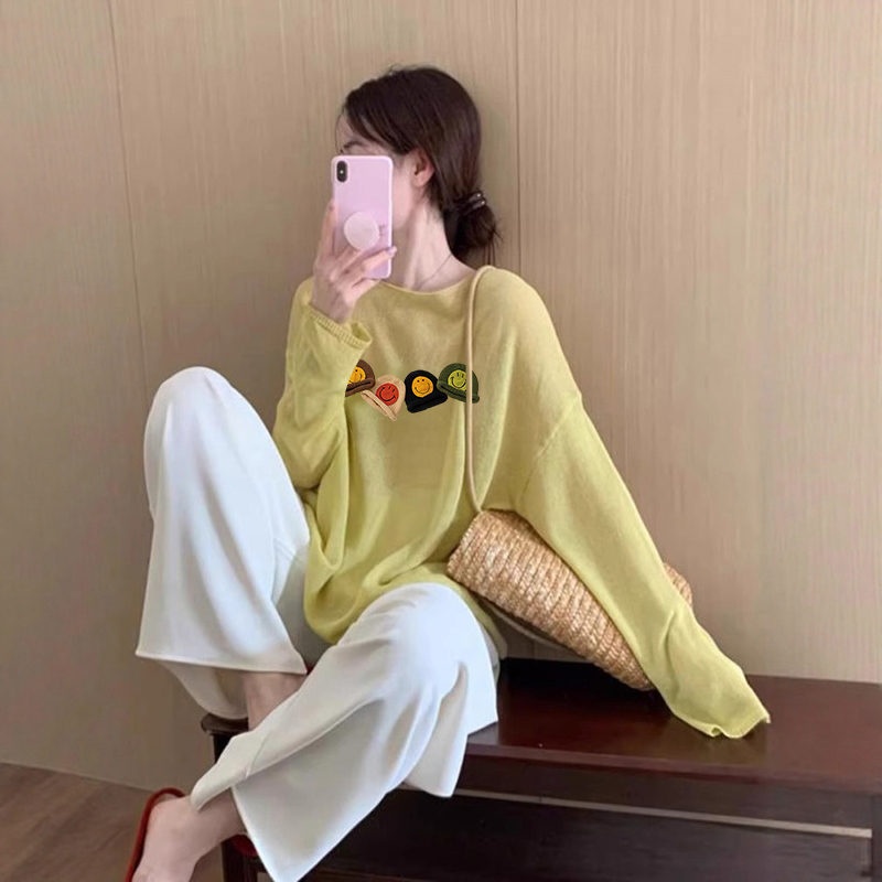 黄色轻薄微透防晒衣宽松罩衫长袖T恤女秋季新款休闲百搭上衣|undefined