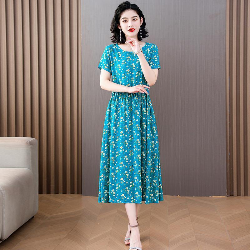 中高年向けの新しい綿シルクドレス、夏の若いスタイル、中年母親の花柄ロングスカート、エレガントなアウターウェア|undefined
