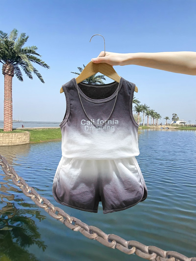 7827 Traje de chaleco de teñido anudado de verano para niños, ropa de verano sin mangas para niños, moda para bebés, fresco y guapo
