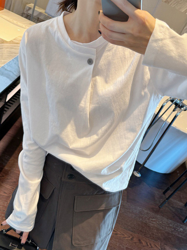 设计感小众别致长袖t恤女秋季正肩宽松白色内搭打底衫一粒扣上衣|undefined