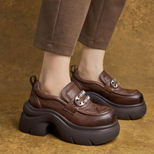 2025秋季英伦风小皮鞋厚底单鞋一脚蹬女鞋坡跟轻便真皮乐福鞋女款