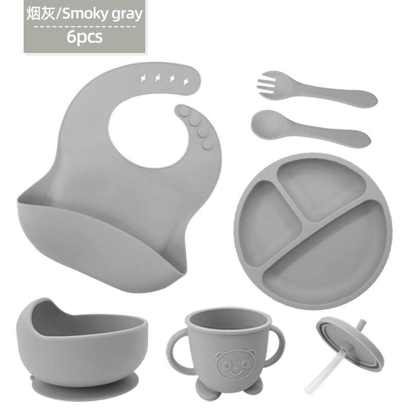 Vajilla de silicona para niños Juego de 6 piezas de silicona para bebés Tazón de alimentos complementarios separados Cuchara tenedor Taza para aprender a beber Juego de vajilla para madres y bebés