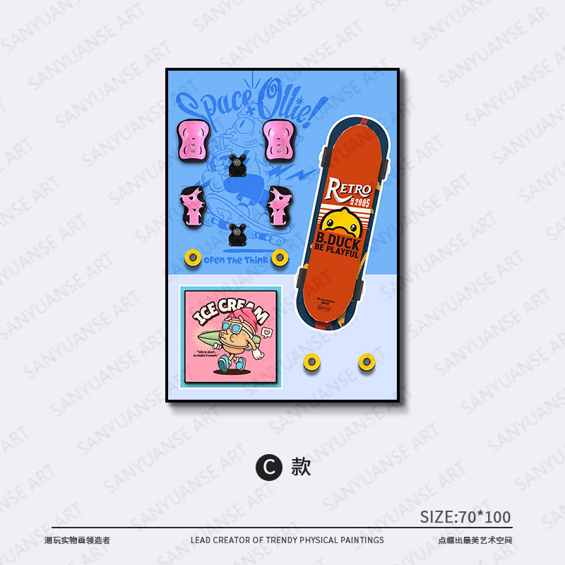 Patineta tridimensional de moda, habitación de los niños, decoración del dormitorio, habitación de los niños y las niñas, pintura creativa hecha a mano