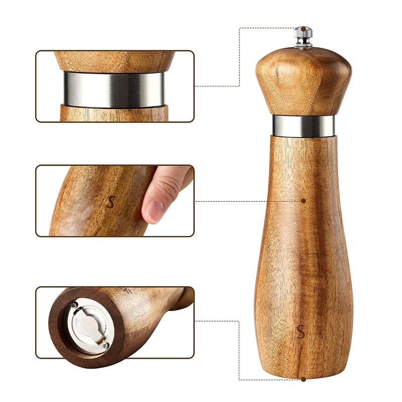 8-pulgadas de madera de acacia Molino de pimienta molino de anillo de acero espesor ajustable núcleo de cerámica molino de pimienta herramientas de cocina
