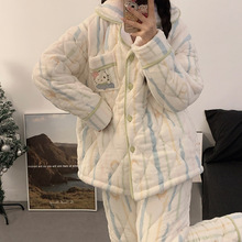 冬季少女法兰绒睡衣女加厚加绒三层夹棉保暖甜美中学生卡通家居服