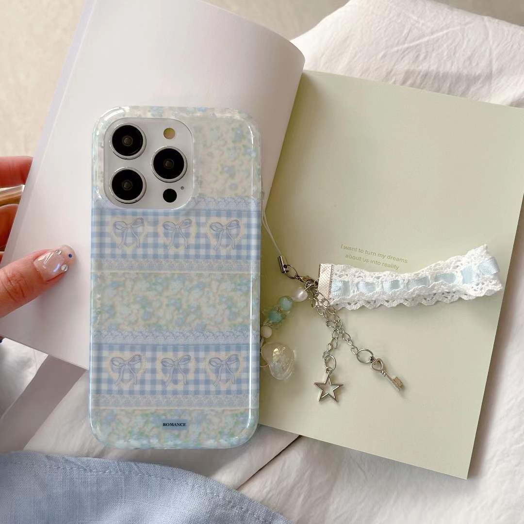 Fresco empalme azul floral amor adecuado para Apple 16ProMax niña iphone15 funda para teléfono móvil 13 colgante 14