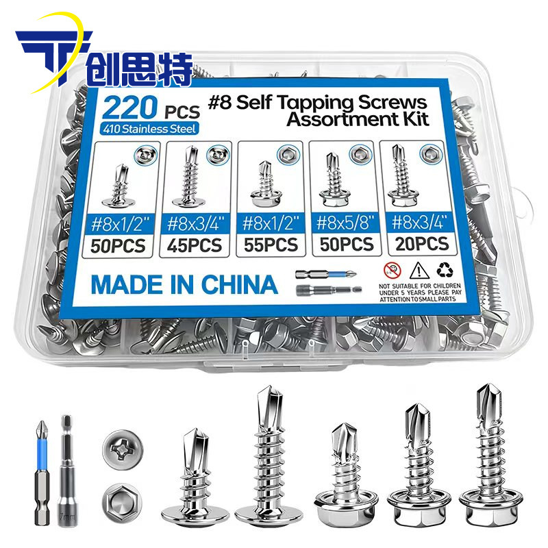 220Pcs Stainless Steel Self-Tapping Screw Set 410 Self-Tapping Self-Drilling Hex Head Screws Wholesale 220Pcs Stainless Steel Self-Tapping Screw Set 410 Self-Tapping Self-Drilling Hex Head Screws Wholesale