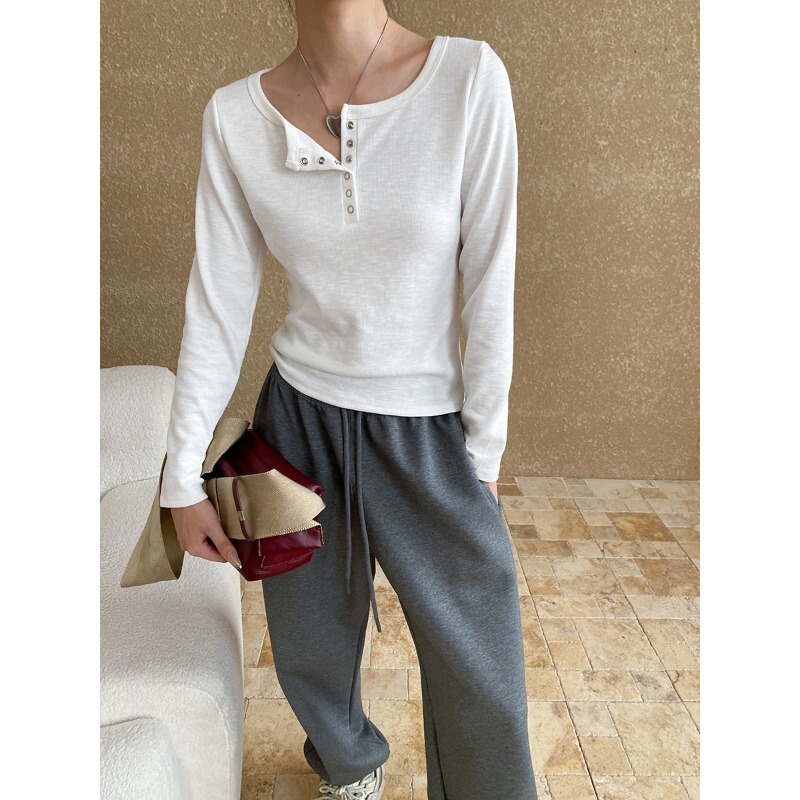 Sinan Casual Blogger Style Fashionable Button Half Placket Slim Fit Threaded Bottoming Shirt T-Shirt Sn6574