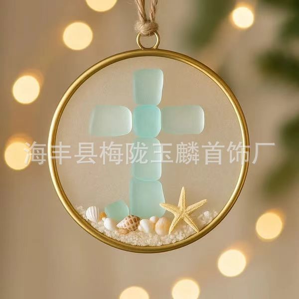 跨境新款立体真贝壳海星沙滩十字架天使耶稣 圣诞树装饰|undefined