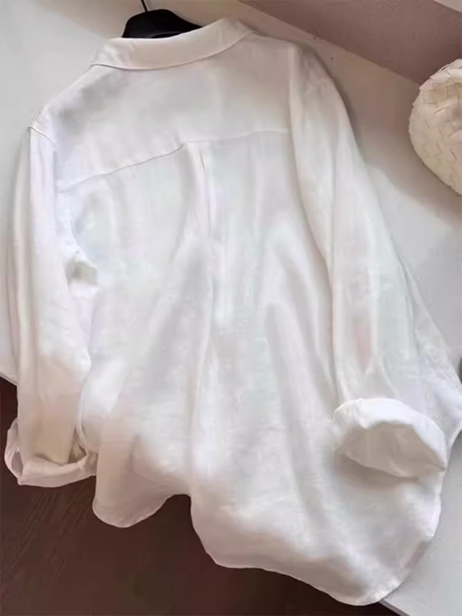 Áo sơ mi nữ linen trắng tay rộng phong cách Old Money — màu trắng chi tiết 3