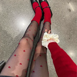 纯欲红色小爱心丝袜黑色性感辣妹黑丝女波点打底袜超薄透肉连裤袜
