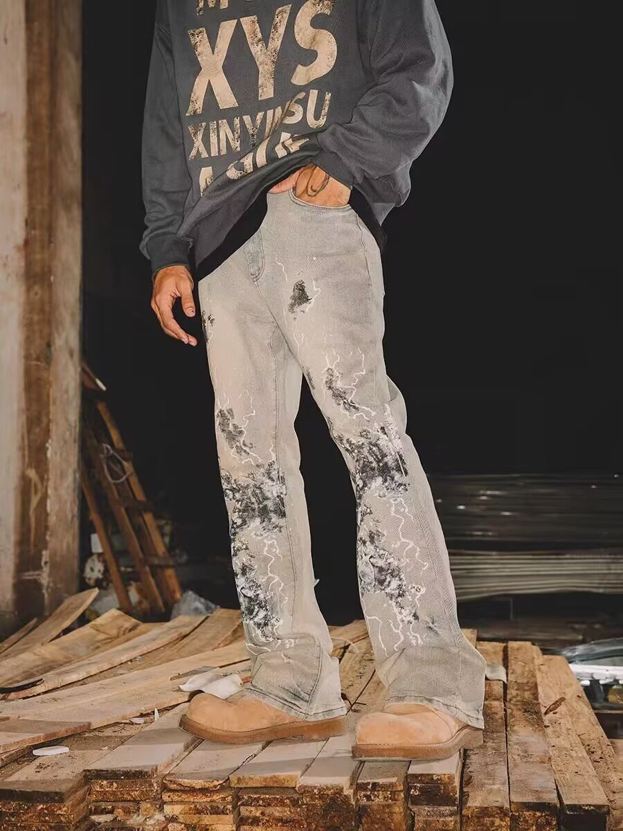 Amerikanische Micro-Pull-Jeans für Herren, bestickt, gerader Schnitt, trendige Marke, High Street, Graffiti-Trend, Retro-Freizeithose, Herren-Persönlichkeitstrend_voghion.com