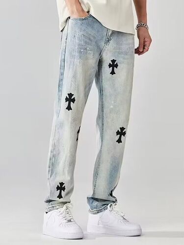 Summer thin denim jeans for men, light blue cross straight leg loose streetwear casual high-street punk cool pants