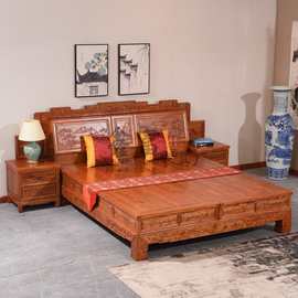 明清中式实木大床仿古双人床雕花富贵床古典榆木床1.8红木款婚床