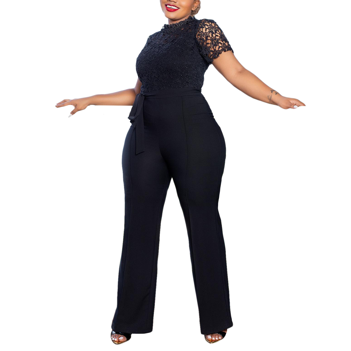 546g Weight Short Sleeve Sleeve Length Polyester Fabric Type High Waist Waist Line Jumpsuits Pants Type Daily Occasion Loose Fit Type Solid Color Pattern Summer Season Women's Gender Lace Design Casual Style Women's Daily Casual Solid Color Lace Jumpsuits 41