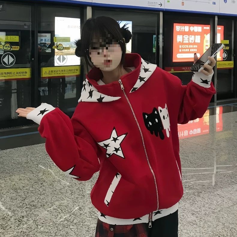 文文不乖原创美式星星猫咪刺绣设计感连帽卫衣女秋冬宽松开衫外套