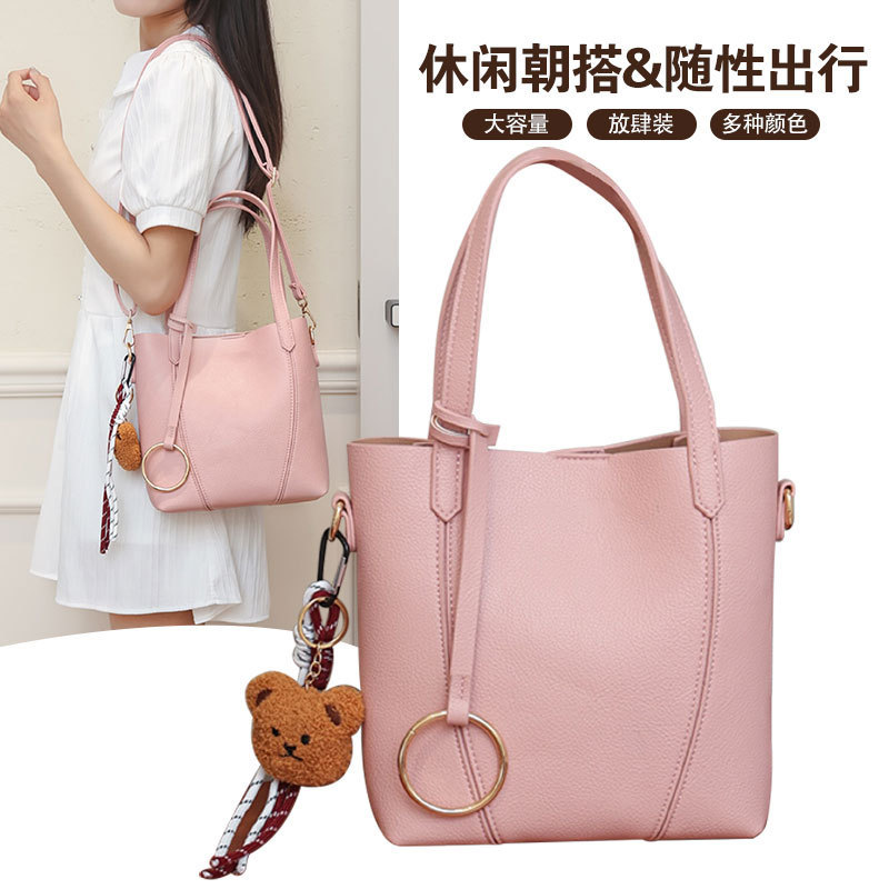 Cross-Border Simple Tote Basket Bag 2026 New Model Pu Leather Versatile Commuter Shoulder Bag with Bear Pendant Bucket Bag