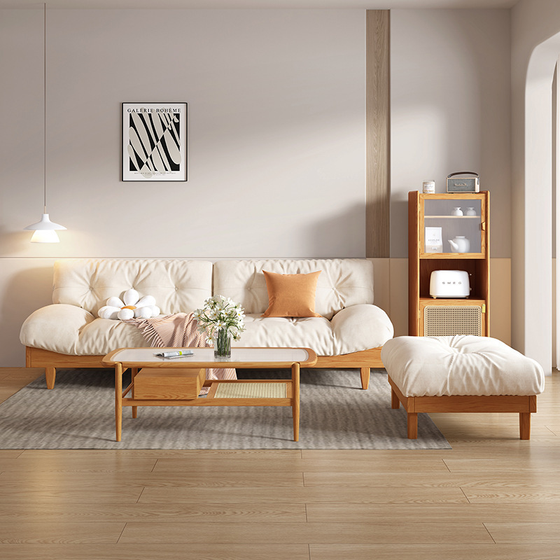 Nordic Cloud Sofa with Technology Fabric Living Room Small House Minimalist Japanese White Ash Wood Real Wood Fabric Sofa Set