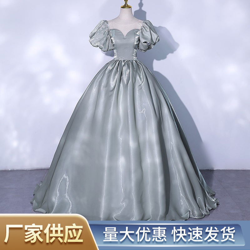 Temperament Gray Green Bubble Sleeve Bride Wedding Dress Performance Show Art Test Solo Host Evening Dress Princess Court Style